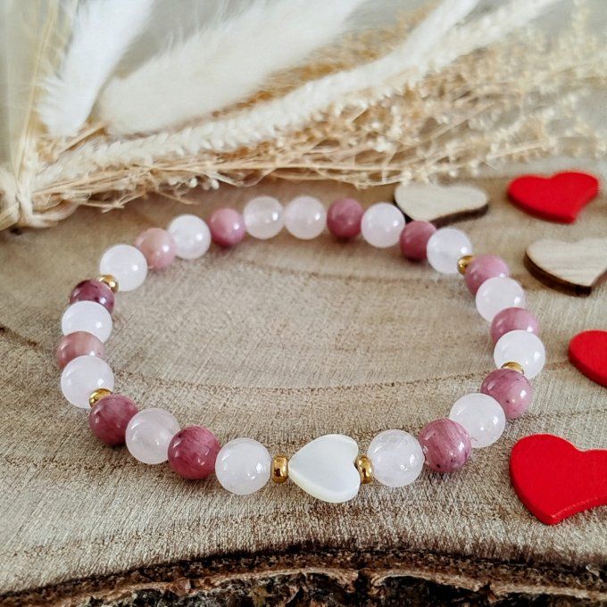 Bracelet cœur en nacre pierres quartz rose et rhodonite