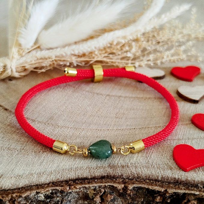 Bracelet cordon rouge cœur aventurine verte