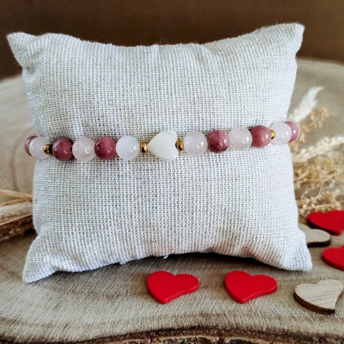 Bracelet cœur en nacre pierres quartz rose et rhodonite