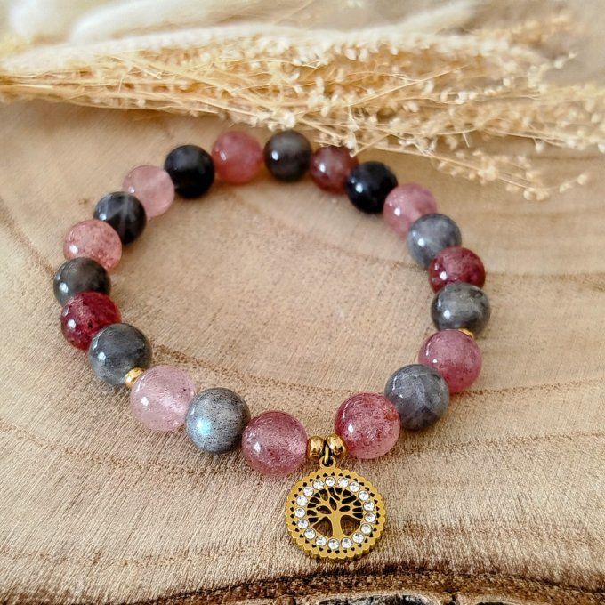 Bracelet Quartz fraise et Labradorite, arbre de vie